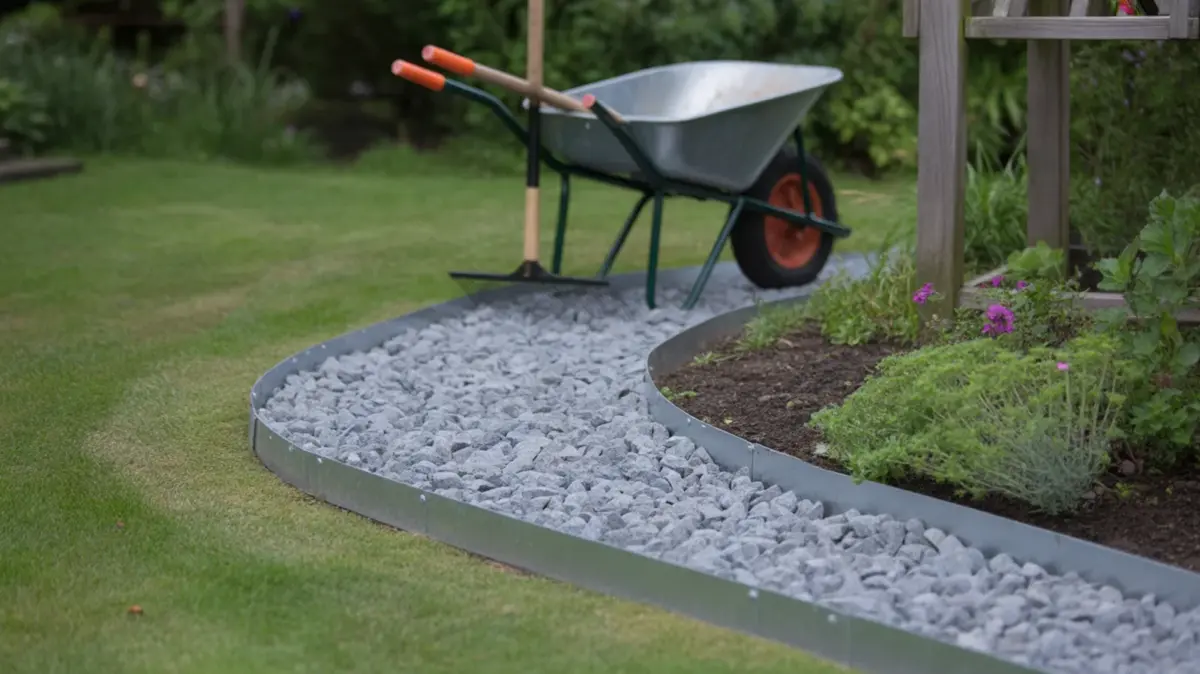 Allée de jardin en gravillon gris bordée d'une bordure métallique, entre la pelouse et un massif