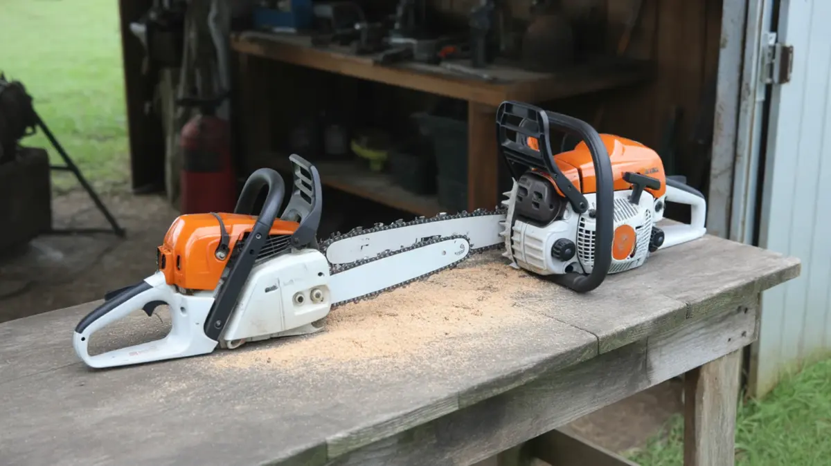 Une petite et une grosse tronçonneuse posées côte à côte sur un établi en bois, dans un atelier