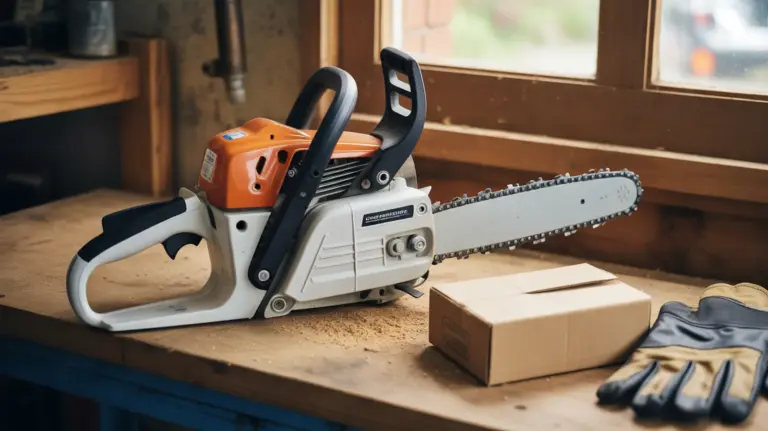 Petite tronçonneuse posée sur un établi d'atelier, à côté d'un petit carton et de gants de travail