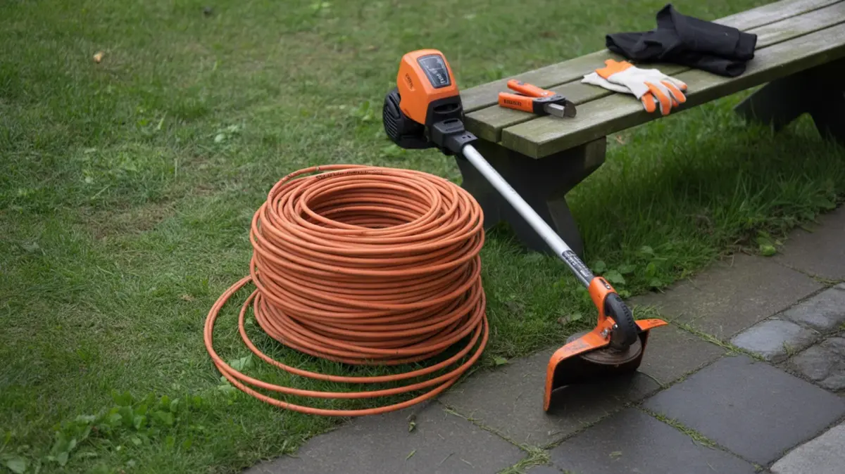 Bobine de fil orange posée sur un banc de jardin à côté d'une débroussailleuse, tête tournée vers le haut