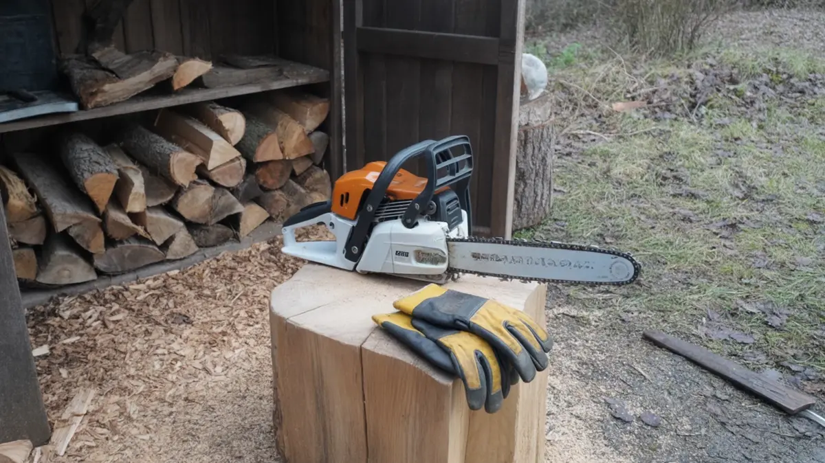 Tronçonneuse posée sur un billot devant un abri à bois, gants de travail et copeaux au sol