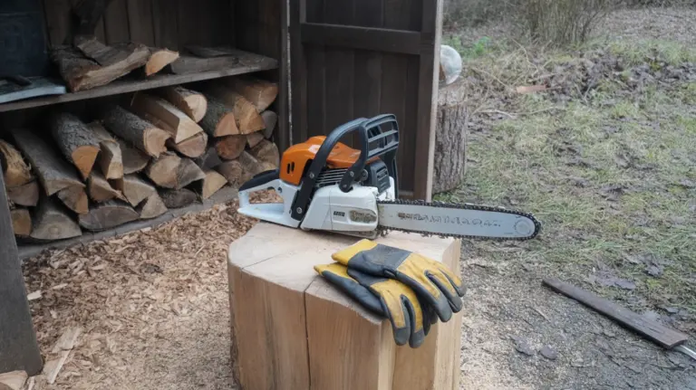 Tronçonneuse posée sur un billot devant un abri à bois, gants de travail et copeaux au sol