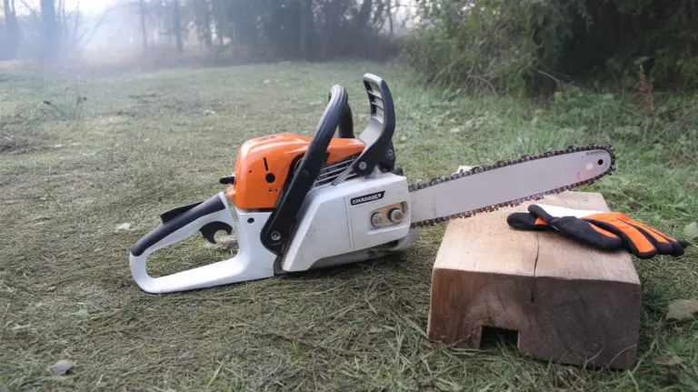 Tronçonneuse posée dans l'herbe humide près d'un billot, à l'orée d'un bois dans la brume du matin