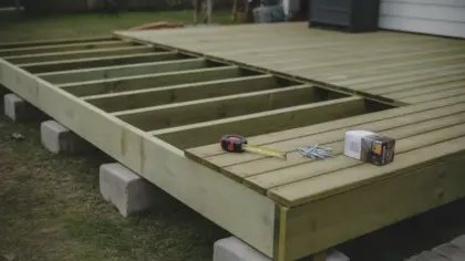 Terrasse en bois en cours de pose : lambourdes parallèles sur plots et premières lames vissées