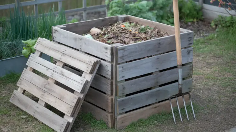 Composteur fait de quatre palettes en bois au fond d'un potager, une fourche appuyée contre la façade