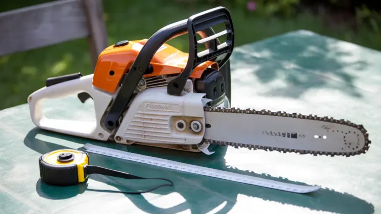 Tronçonneuse posée sur une table de jardin, un mètre ruban déroulé le long du guide