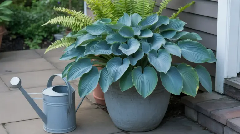 Grand hosta aux feuilles bleutées dans un large pot posé à l'ombre au pied d'un mur, un arrosoir à côté