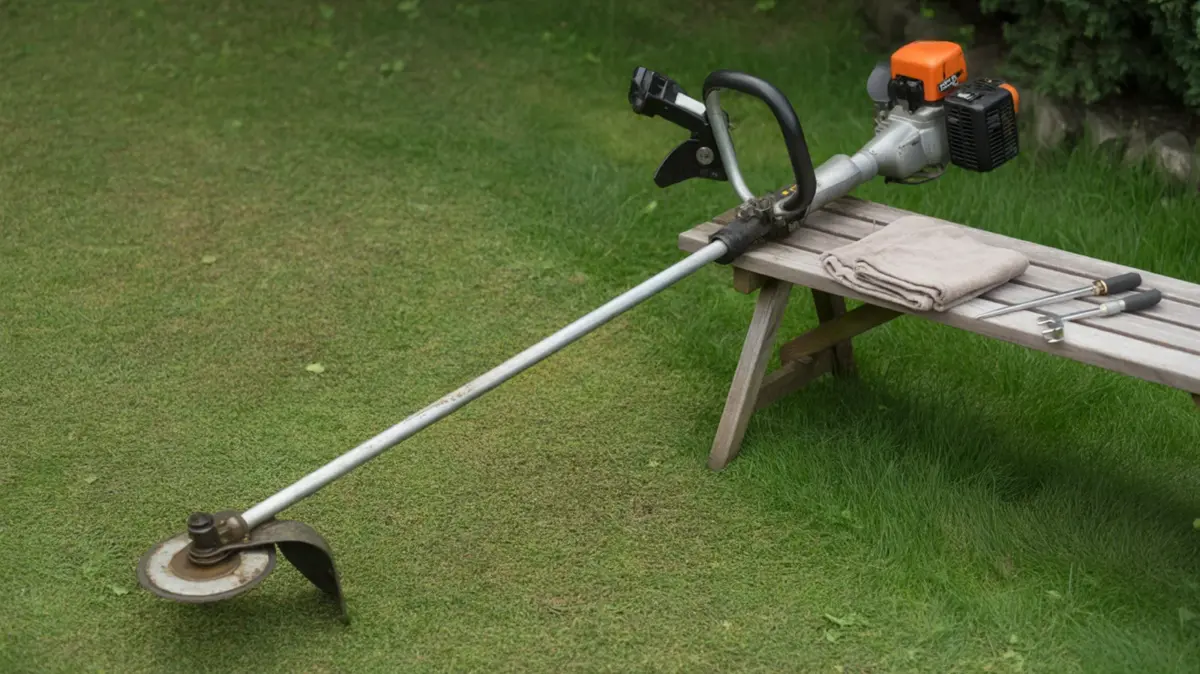 Débroussailleuse thermique posée dans l'herbe tondue, appuyée sur un banc de jardin avec un chiffon et des outils