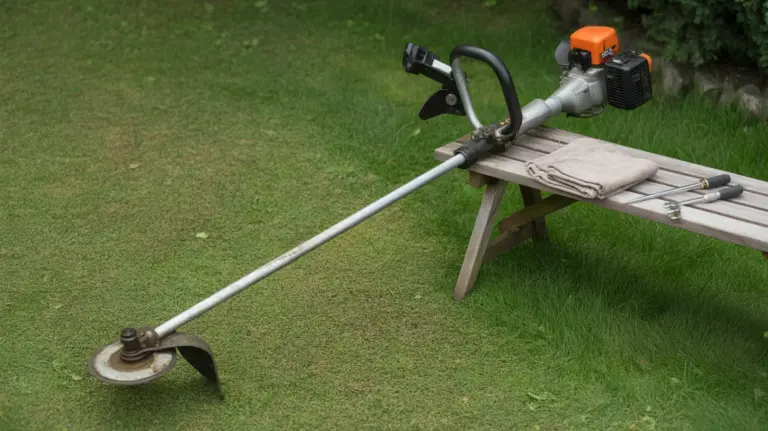 Débroussailleuse thermique posée dans l'herbe tondue, appuyée sur un banc de jardin avec un chiffon et des outils