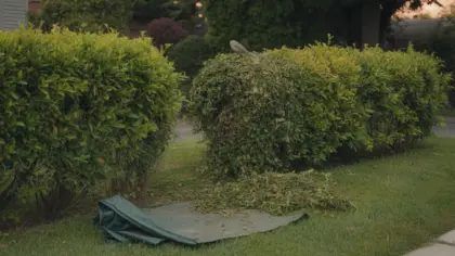 Haie fraîchement taillée en fin d'été au bord d'une pelouse, les chutes de taille encore sur l'herbe