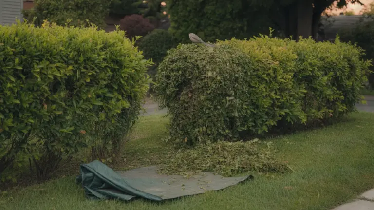 Haie fraîchement taillée en fin d'été au bord d'une pelouse, les chutes de taille encore sur l'herbe