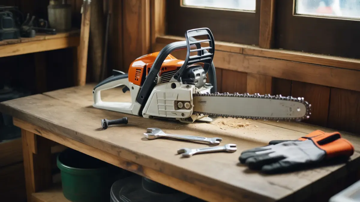 Tronçonneuse posée sur l'établi d'un atelier, clés plates et gants de travail à côté
