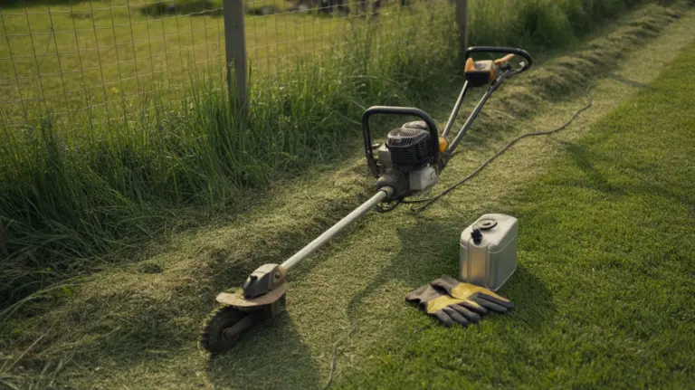 Débroussailleuse thermique à guidon posée sur une bande d'herbe fraîchement coupée le long