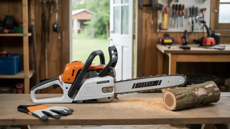 Tronçonneuse thermique de taille moyenne posée sur un établi de garage, à côté d'une bûche