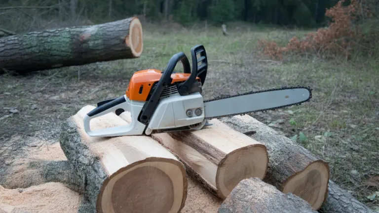 Tronçonneuse posée sur une pile de rondins fraîchement coupés en lisière de forêt