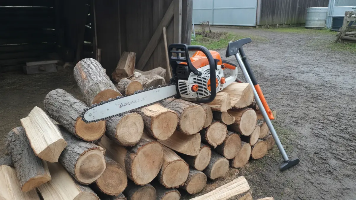 Grosse tronçonneuse posée sur un tas de rondins de bois de chauffage dans une cour de ferm