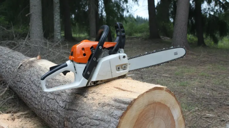 Grosse tronçonneuse professionnelle à long guide posée sur un tronc abattu en forêt, sciur