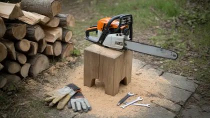 Tronçonneuse posée sur un billot près d'une pile de bûches, gants de travail et clés plates dans la sciure
