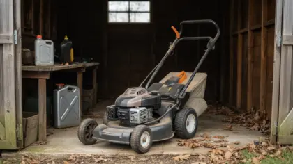 Tondeuse thermique rangée dans un abri de jardin en automne, bidon d'essence et huile moteur sur l'étagère