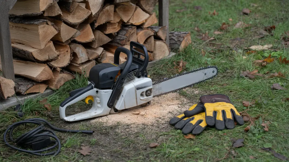 Tronçonneuse thermique posée dans l'herbe près d'une pile de bois de chauffage, gants de travail à côté